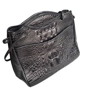 vtg JoAnn Page Y2K Black Croc Embossed Leather Medium Top Handle Bag